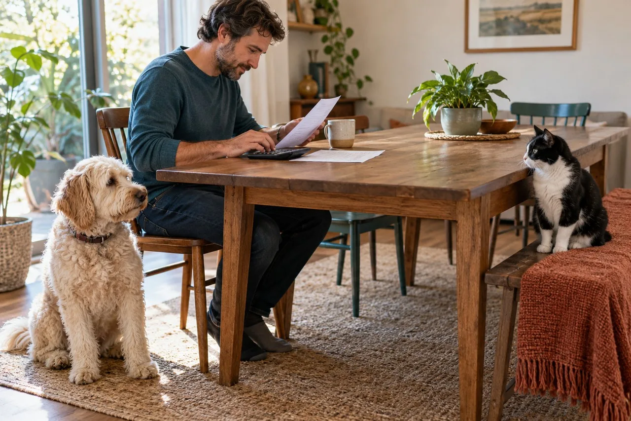 Owner reviewing papers at home with a dog and cat nearby